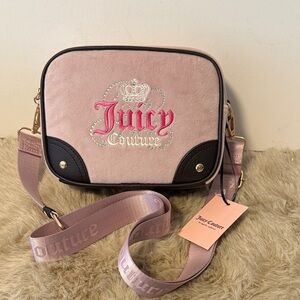 Juicy Couture Pink and Black Embroidered Crossbody camera bag.